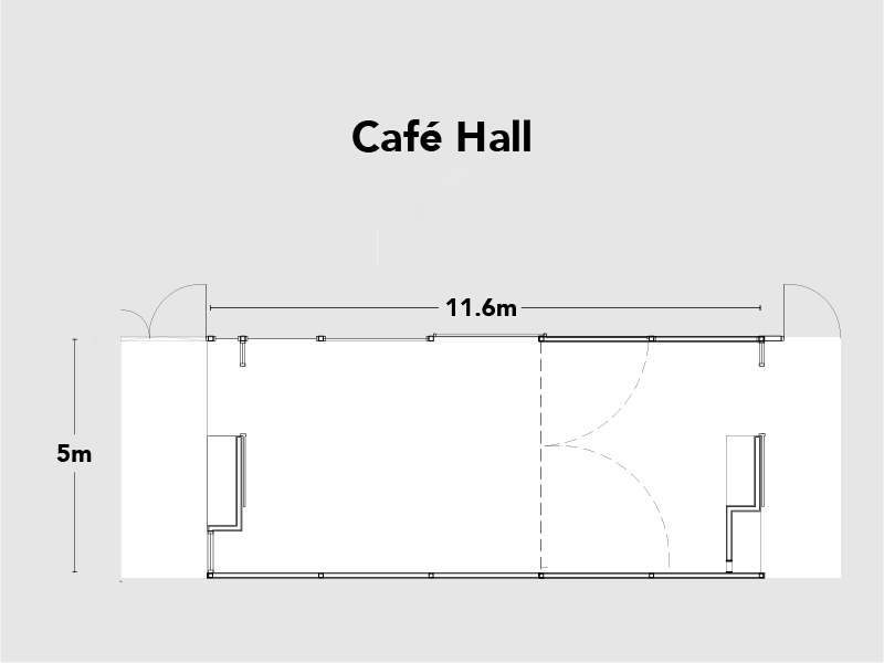 A diagram of the floor plan of the cafe hall room at Cromwell ST.